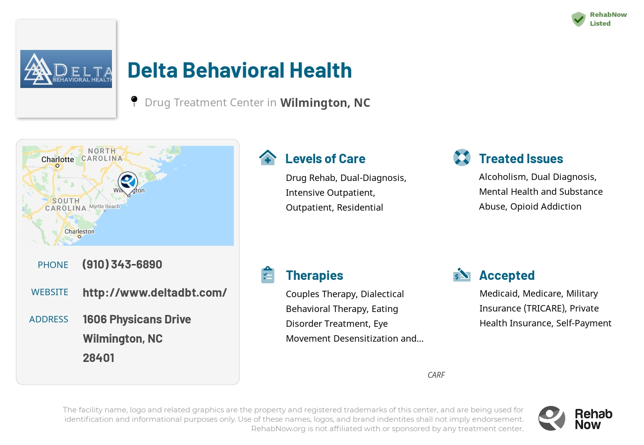 Helpful reference information for Delta Behavioral Health, a drug treatment center in North Carolina located at: 1606 Physicans Drive, Wilmington, NC 28401, including phone numbers, official website, and more. Listed briefly is an overview of Levels of Care, Therapies Offered, Issues Treated, and accepted forms of Payment Methods.