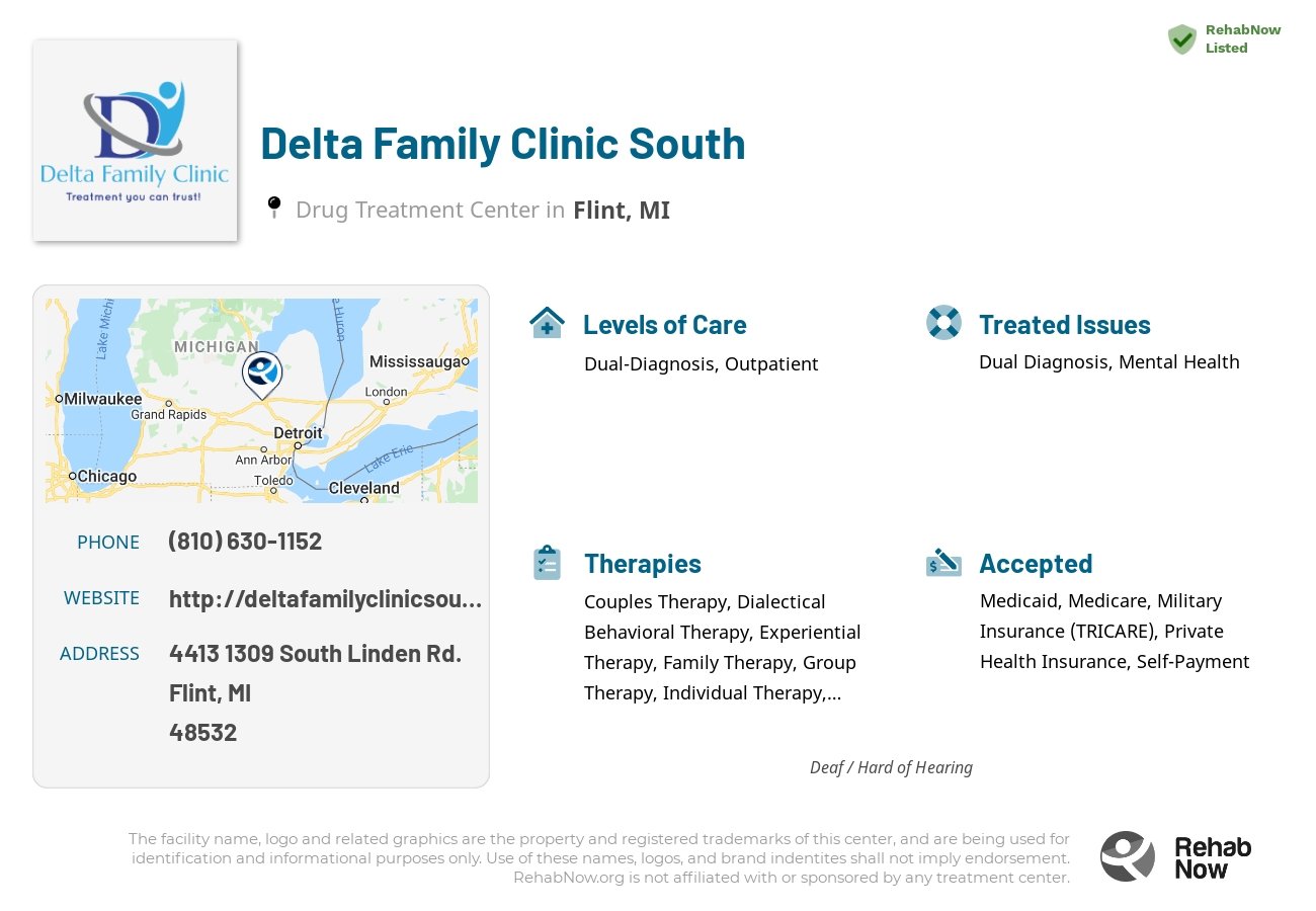 Helpful reference information for Delta Family Clinic South, a drug treatment center in Michigan located at: 4413 1309 South Linden Rd., Flint, MI 48532, including phone numbers, official website, and more. Listed briefly is an overview of Levels of Care, Therapies Offered, Issues Treated, and accepted forms of Payment Methods.