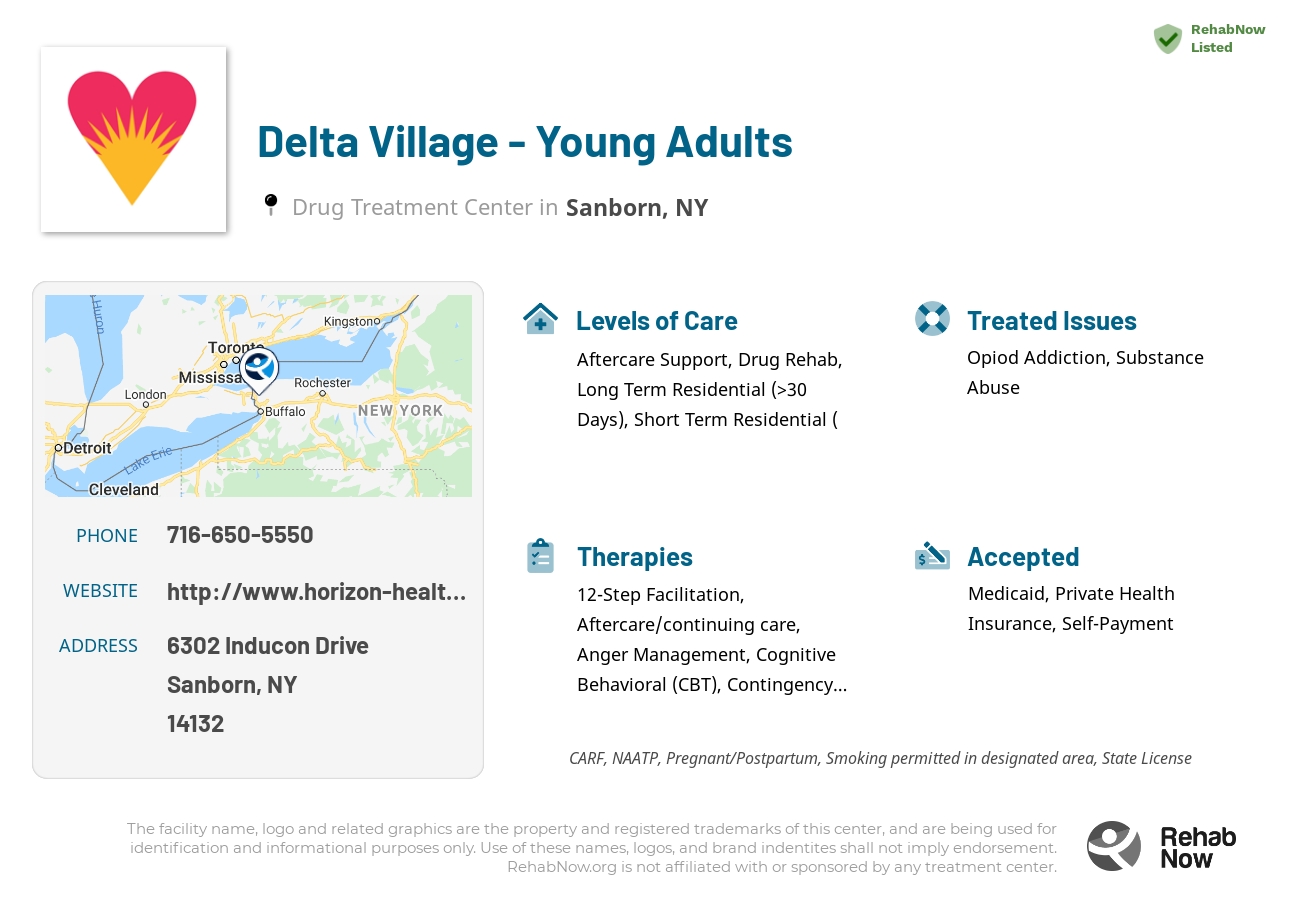 Helpful reference information for Delta Village - Young Adults, a drug treatment center in New York located at: 6302 Inducon Drive, Sanborn, NY 14132, including phone numbers, official website, and more. Listed briefly is an overview of Levels of Care, Therapies Offered, Issues Treated, and accepted forms of Payment Methods.