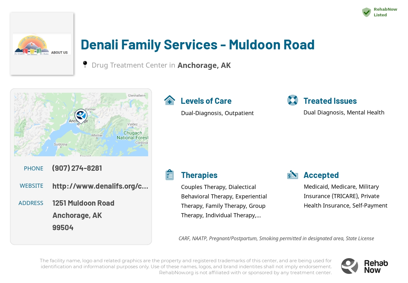 Helpful reference information for Denali Family Services - Muldoon Road, a drug treatment center in Alaska located at: 1251 Muldoon Road, Anchorage, AK, 99504, including phone numbers, official website, and more. Listed briefly is an overview of Levels of Care, Therapies Offered, Issues Treated, and accepted forms of Payment Methods.