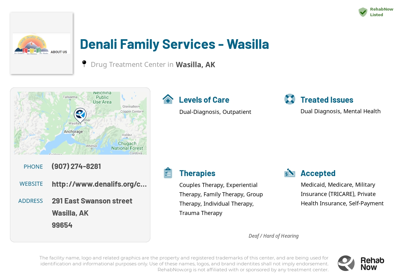 Helpful reference information for Denali Family Services - Wasilla, a drug treatment center in Alaska located at: 291 East Swanson street, Wasilla, AK, 99654, including phone numbers, official website, and more. Listed briefly is an overview of Levels of Care, Therapies Offered, Issues Treated, and accepted forms of Payment Methods.