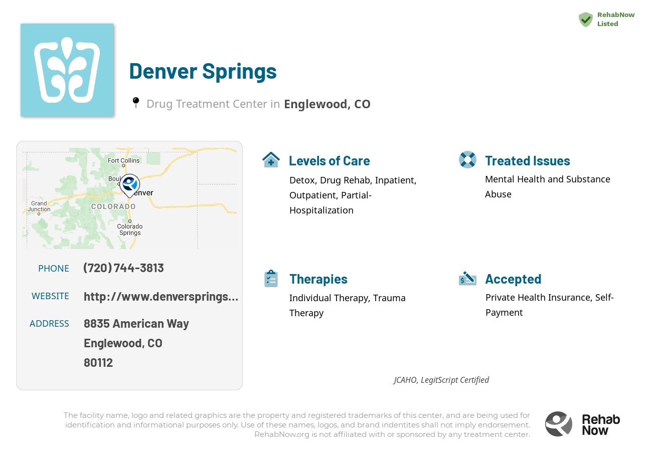 Helpful reference information for Denver Springs, a drug treatment center in Colorado located at: 8835 American Way, Englewood, CO, 80112, including phone numbers, official website, and more. Listed briefly is an overview of Levels of Care, Therapies Offered, Issues Treated, and accepted forms of Payment Methods.