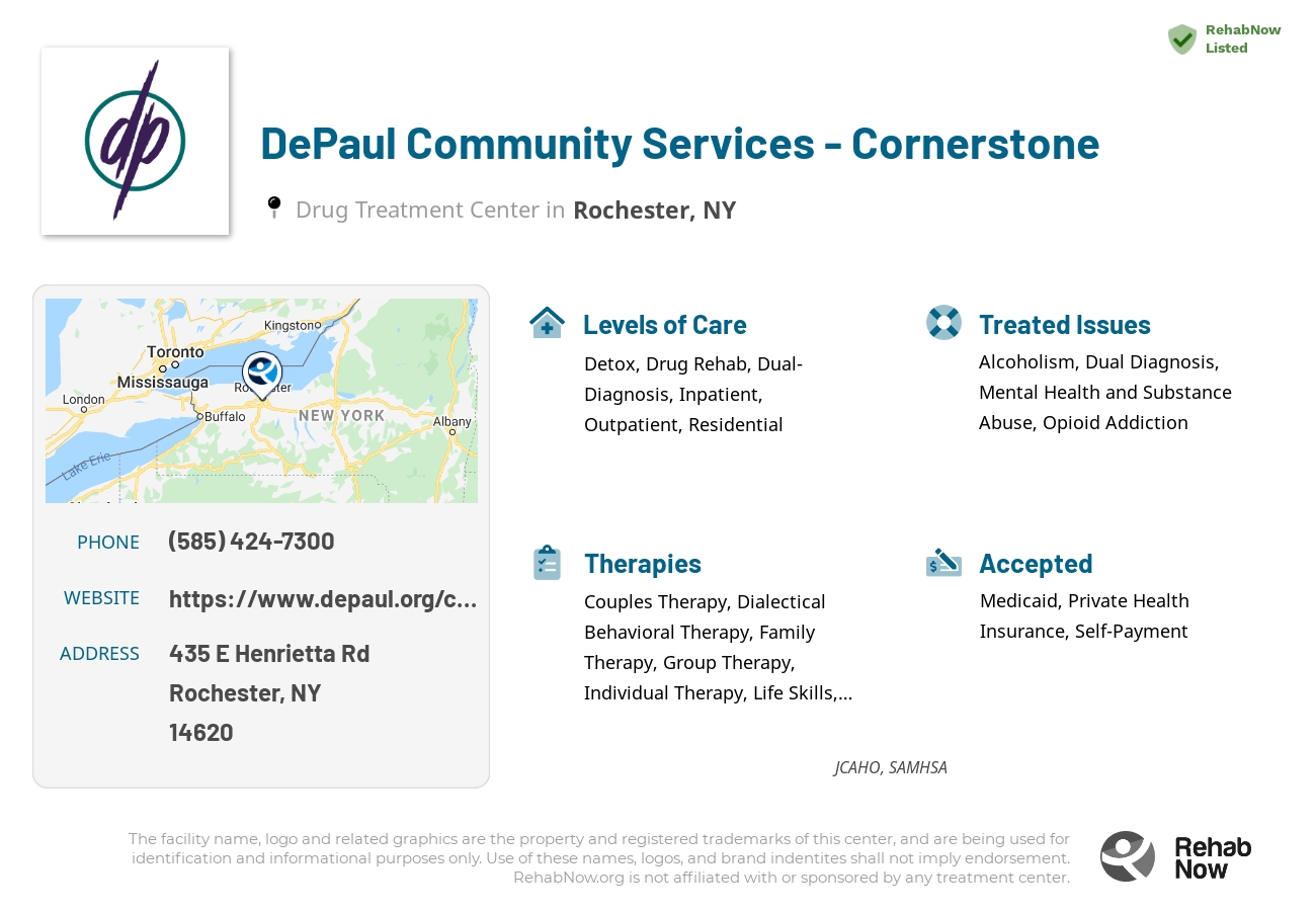 Helpful reference information for DePaul Community Services - Cornerstone, a drug treatment center in New York located at: 435 E Henrietta Rd, Rochester, NY 14620, including phone numbers, official website, and more. Listed briefly is an overview of Levels of Care, Therapies Offered, Issues Treated, and accepted forms of Payment Methods.