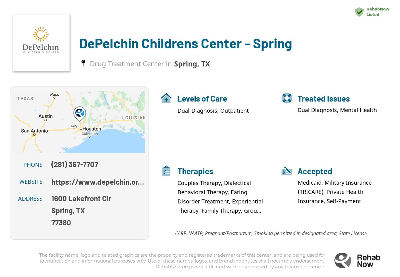 Helpful reference information for DePelchin Childrens Center - Spring, a drug treatment center in Texas located at: 1600 Lakefront Cir, Spring, TX 77380, including phone numbers, official website, and more. Listed briefly is an overview of Levels of Care, Therapies Offered, Issues Treated, and accepted forms of Payment Methods.