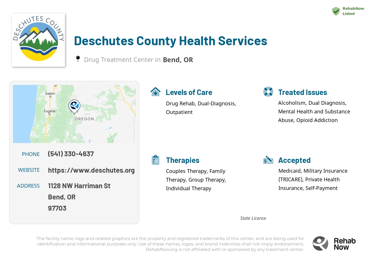 Helpful reference information for Deschutes County Health Services, a drug treatment center in Oregon located at: 1128 NW Harriman St, Bend, OR 97703, including phone numbers, official website, and more. Listed briefly is an overview of Levels of Care, Therapies Offered, Issues Treated, and accepted forms of Payment Methods.
