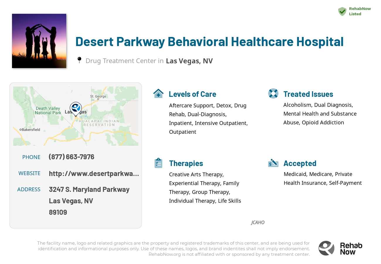 Helpful reference information for Desert Parkway Behavioral Healthcare Hospital, a drug treatment center in Nevada located at: 3247 3247 S. Maryland Parkway, Las Vegas, NV 89109, including phone numbers, official website, and more. Listed briefly is an overview of Levels of Care, Therapies Offered, Issues Treated, and accepted forms of Payment Methods.