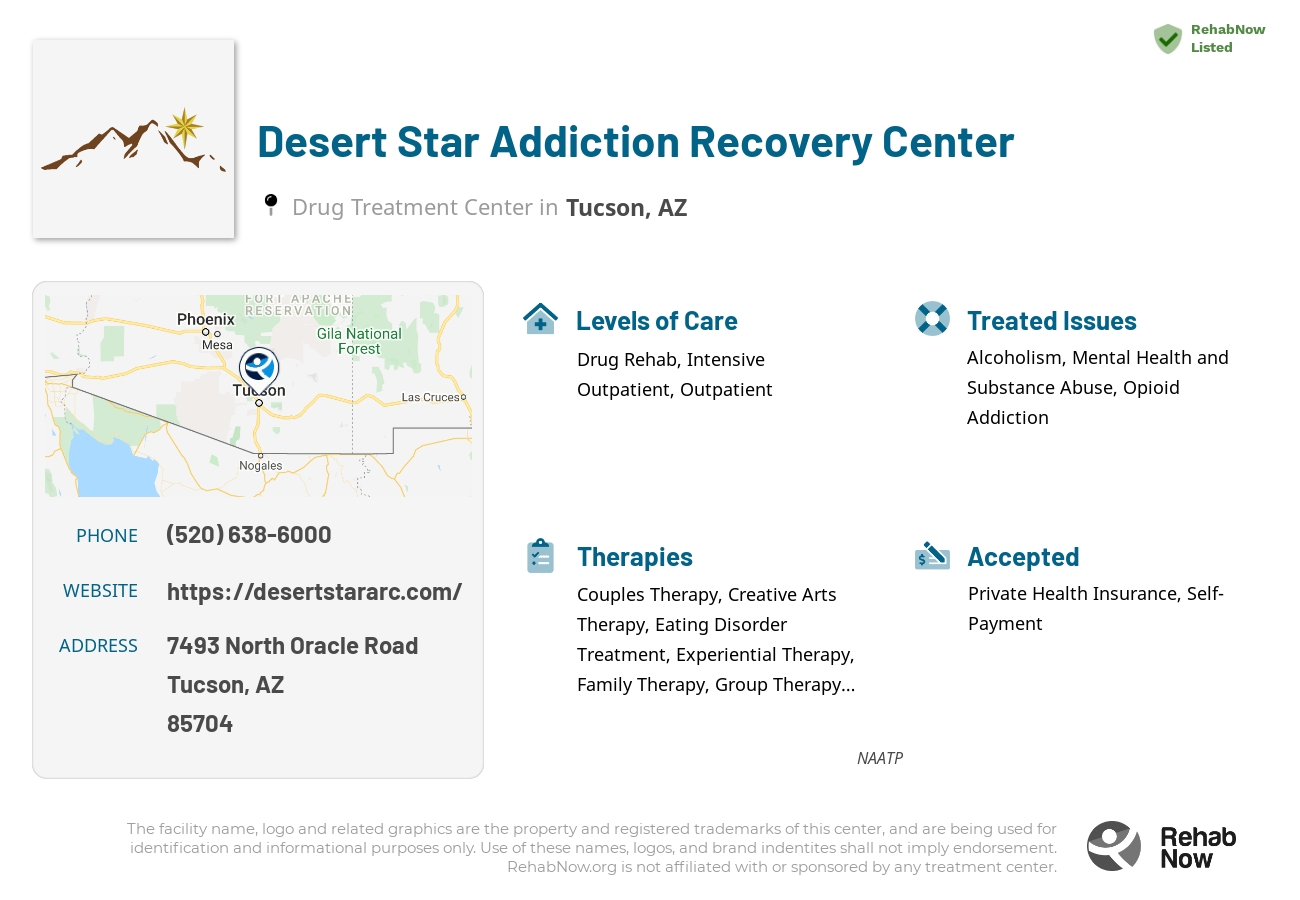 Helpful reference information for Desert Star Addiction Recovery Center, a drug treatment center in Arizona located at: 7493 North Oracle Road, Tucson, AZ, 85704, including phone numbers, official website, and more. Listed briefly is an overview of Levels of Care, Therapies Offered, Issues Treated, and accepted forms of Payment Methods.