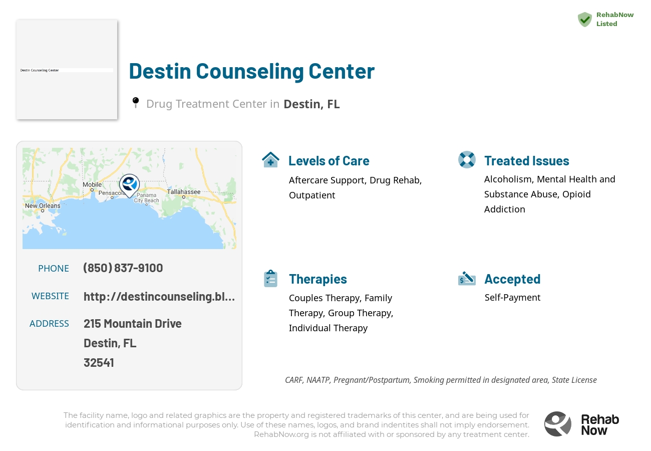 Helpful reference information for Destin Counseling Center, a drug treatment center in Florida located at: 215 Mountain Drive, Destin, FL, 32541, including phone numbers, official website, and more. Listed briefly is an overview of Levels of Care, Therapies Offered, Issues Treated, and accepted forms of Payment Methods.