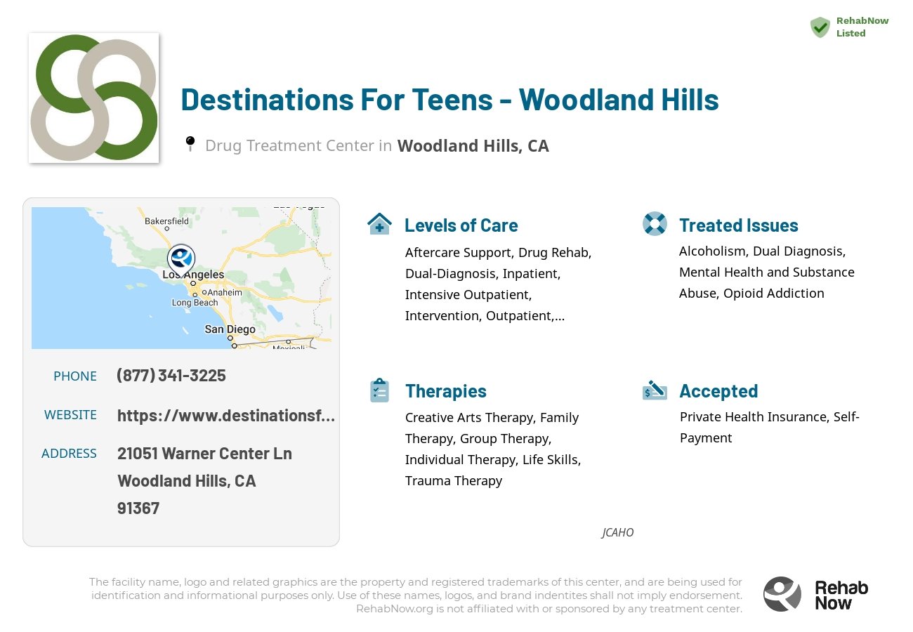 Helpful reference information for Destinations For Teens - Woodland Hills, a drug treatment center in California located at: 21051 Warner Center Ln, Woodland Hills, CA 91367, including phone numbers, official website, and more. Listed briefly is an overview of Levels of Care, Therapies Offered, Issues Treated, and accepted forms of Payment Methods.