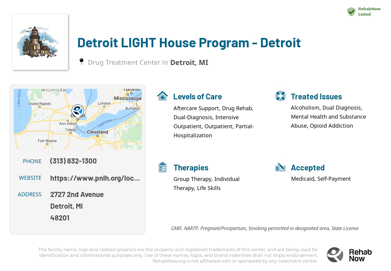 Helpful reference information for Detroit LIGHT House Program - Detroit, a drug treatment center in Michigan located at: 2727 2nd Avenue, Detroit, MI, 48201, including phone numbers, official website, and more. Listed briefly is an overview of Levels of Care, Therapies Offered, Issues Treated, and accepted forms of Payment Methods.