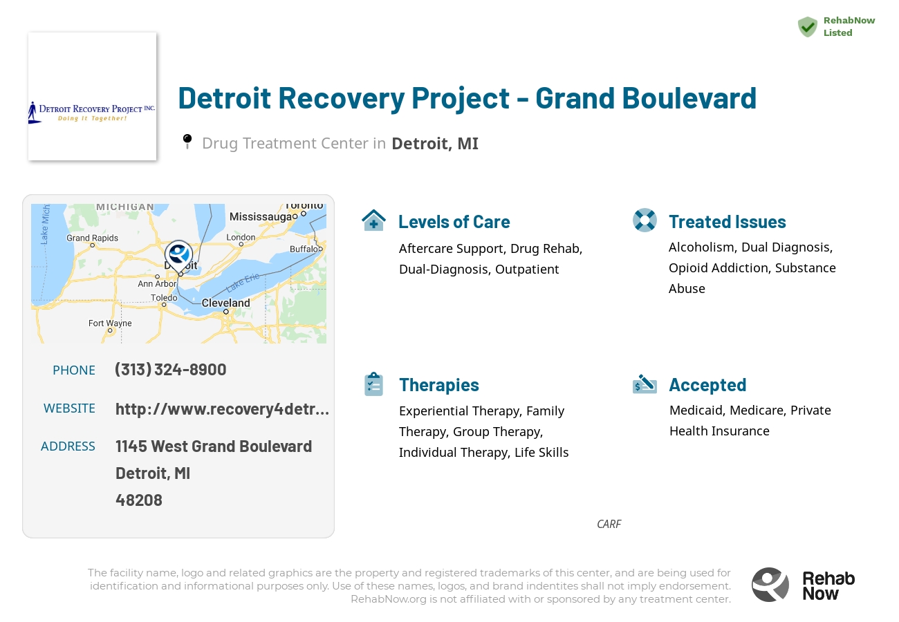 Helpful reference information for Detroit Recovery Project - Grand Boulevard, a drug treatment center in Michigan located at: 1145 1145 West Grand Boulevard, Detroit, MI 48208, including phone numbers, official website, and more. Listed briefly is an overview of Levels of Care, Therapies Offered, Issues Treated, and accepted forms of Payment Methods.