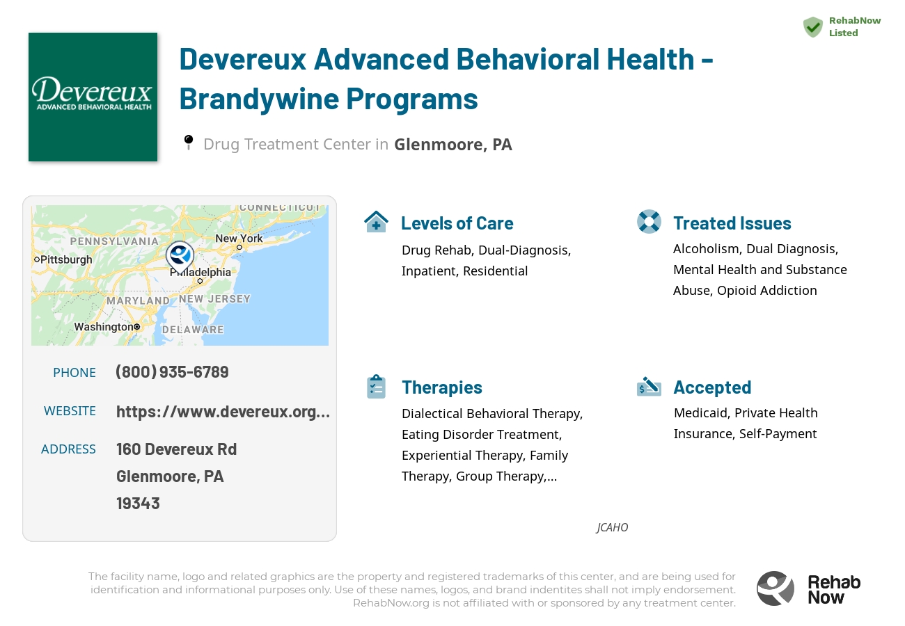 Helpful reference information for Devereux Advanced Behavioral Health - Brandywine Programs, a drug treatment center in Pennsylvania located at: 160 Devereux Rd, Glenmoore, PA 19343, including phone numbers, official website, and more. Listed briefly is an overview of Levels of Care, Therapies Offered, Issues Treated, and accepted forms of Payment Methods.
