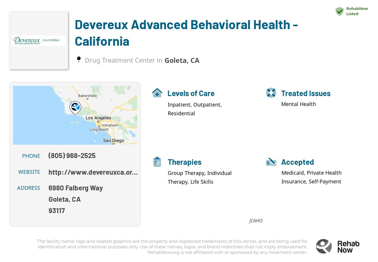 Helpful reference information for Devereux Advanced Behavioral Health - California, a drug treatment center in California located at: 6980 Falberg Way, Goleta, CA 93117, including phone numbers, official website, and more. Listed briefly is an overview of Levels of Care, Therapies Offered, Issues Treated, and accepted forms of Payment Methods.