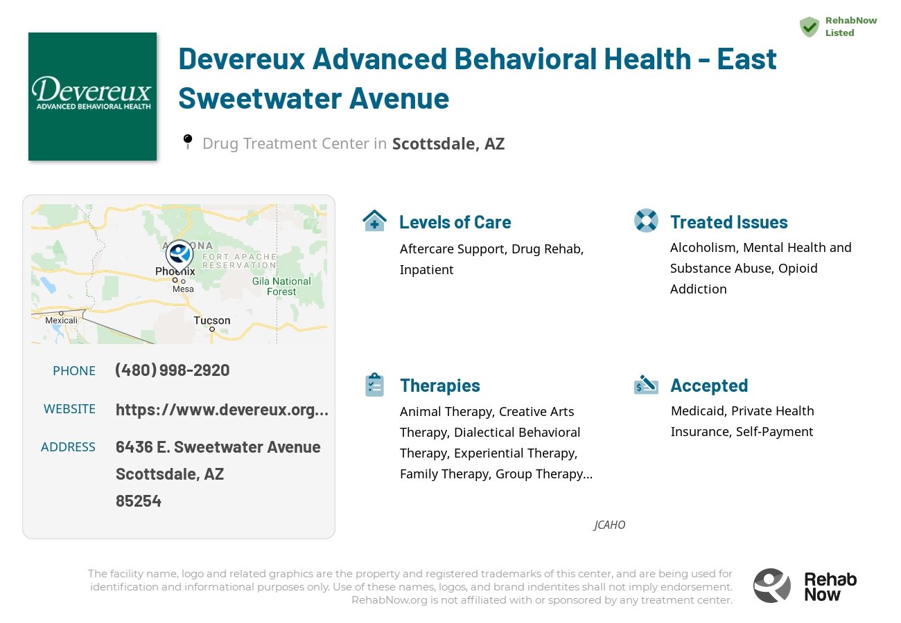 Helpful reference information for Devereux Advanced Behavioral Health - East Sweetwater Avenue, a drug treatment center in Arizona located at: 6436 E. Sweetwater Avenue, Scottsdale, AZ, 85254, including phone numbers, official website, and more. Listed briefly is an overview of Levels of Care, Therapies Offered, Issues Treated, and accepted forms of Payment Methods.