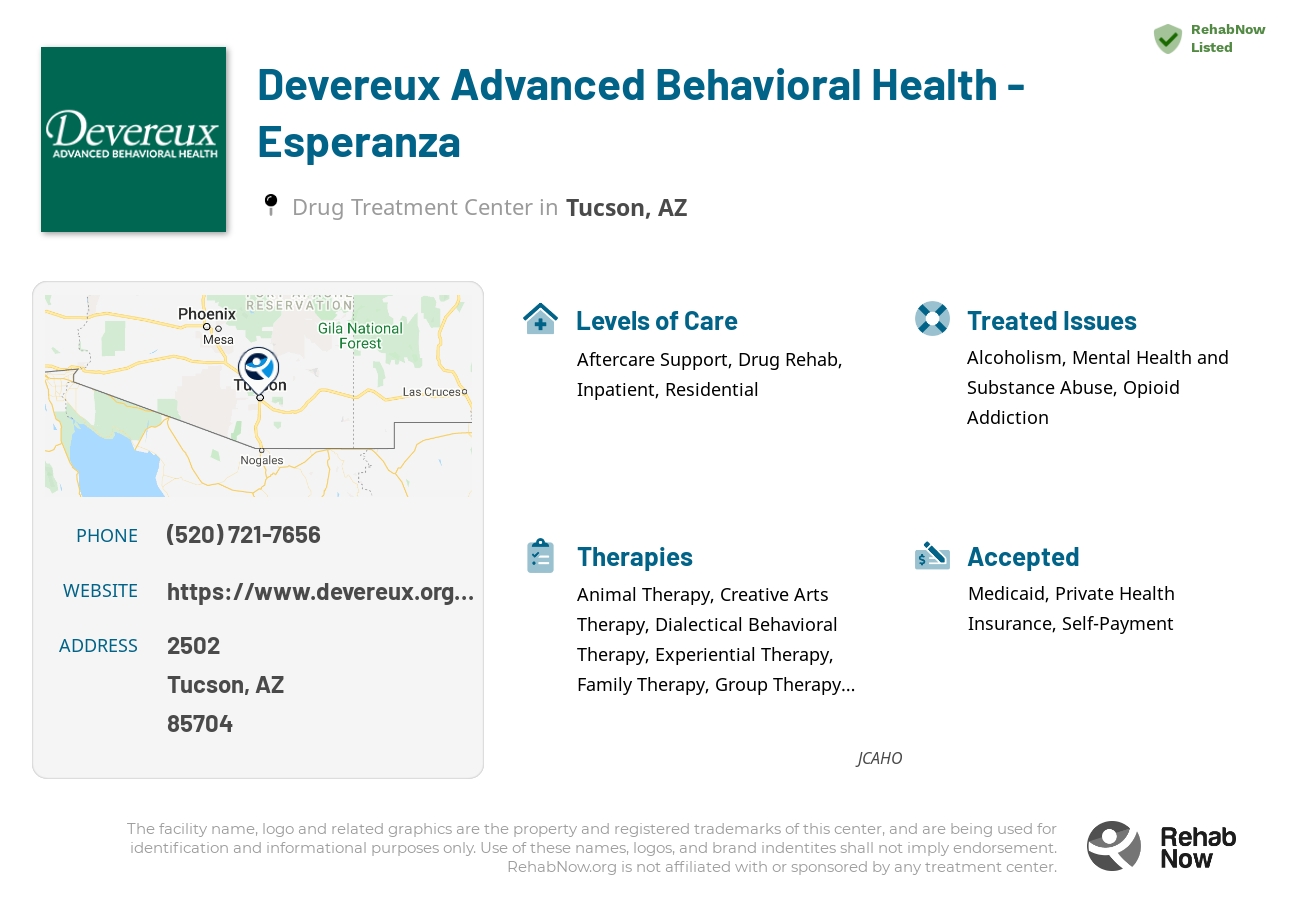 Helpful reference information for Devereux Advanced Behavioral Health - Esperanza, a drug treatment center in Arizona located at: 2502, Tucson, AZ, 85704, including phone numbers, official website, and more. Listed briefly is an overview of Levels of Care, Therapies Offered, Issues Treated, and accepted forms of Payment Methods.