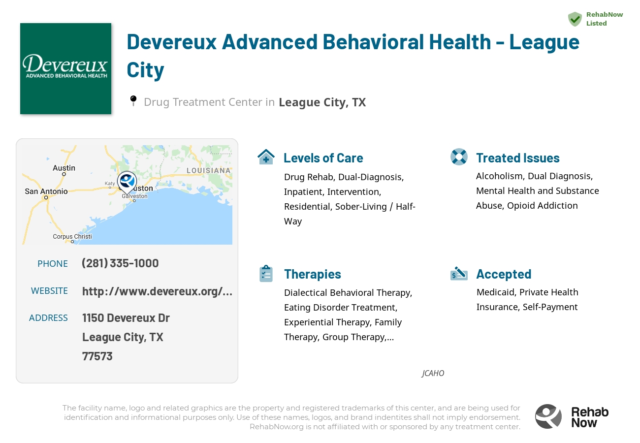 Helpful reference information for Devereux Advanced Behavioral Health - League City, a drug treatment center in Texas located at: 1150 Devereux Dr, League City, TX 77573, including phone numbers, official website, and more. Listed briefly is an overview of Levels of Care, Therapies Offered, Issues Treated, and accepted forms of Payment Methods.