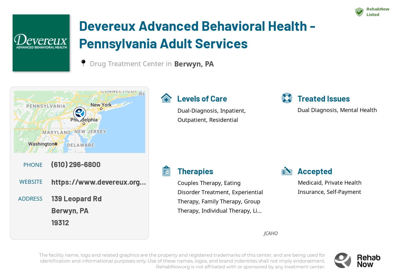 Helpful reference information for Devereux Advanced Behavioral Health - Pennsylvania Adult Services, a drug treatment center in Pennsylvania located at: 139 Leopard Rd, Berwyn, PA 19312, including phone numbers, official website, and more. Listed briefly is an overview of Levels of Care, Therapies Offered, Issues Treated, and accepted forms of Payment Methods.