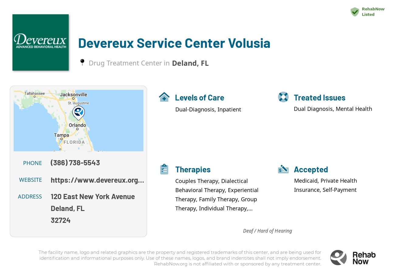 Helpful reference information for Devereux Service Center Volusia, a drug treatment center in Florida located at: 120 East New York Avenue, Deland, FL, 32724, including phone numbers, official website, and more. Listed briefly is an overview of Levels of Care, Therapies Offered, Issues Treated, and accepted forms of Payment Methods.