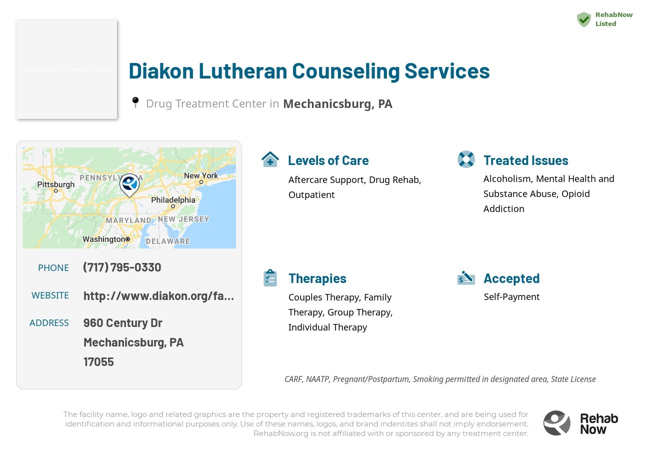 Helpful reference information for Diakon Lutheran Counseling Services, a drug treatment center in Pennsylvania located at: 960 Century Dr, Mechanicsburg, PA 17055, including phone numbers, official website, and more. Listed briefly is an overview of Levels of Care, Therapies Offered, Issues Treated, and accepted forms of Payment Methods.