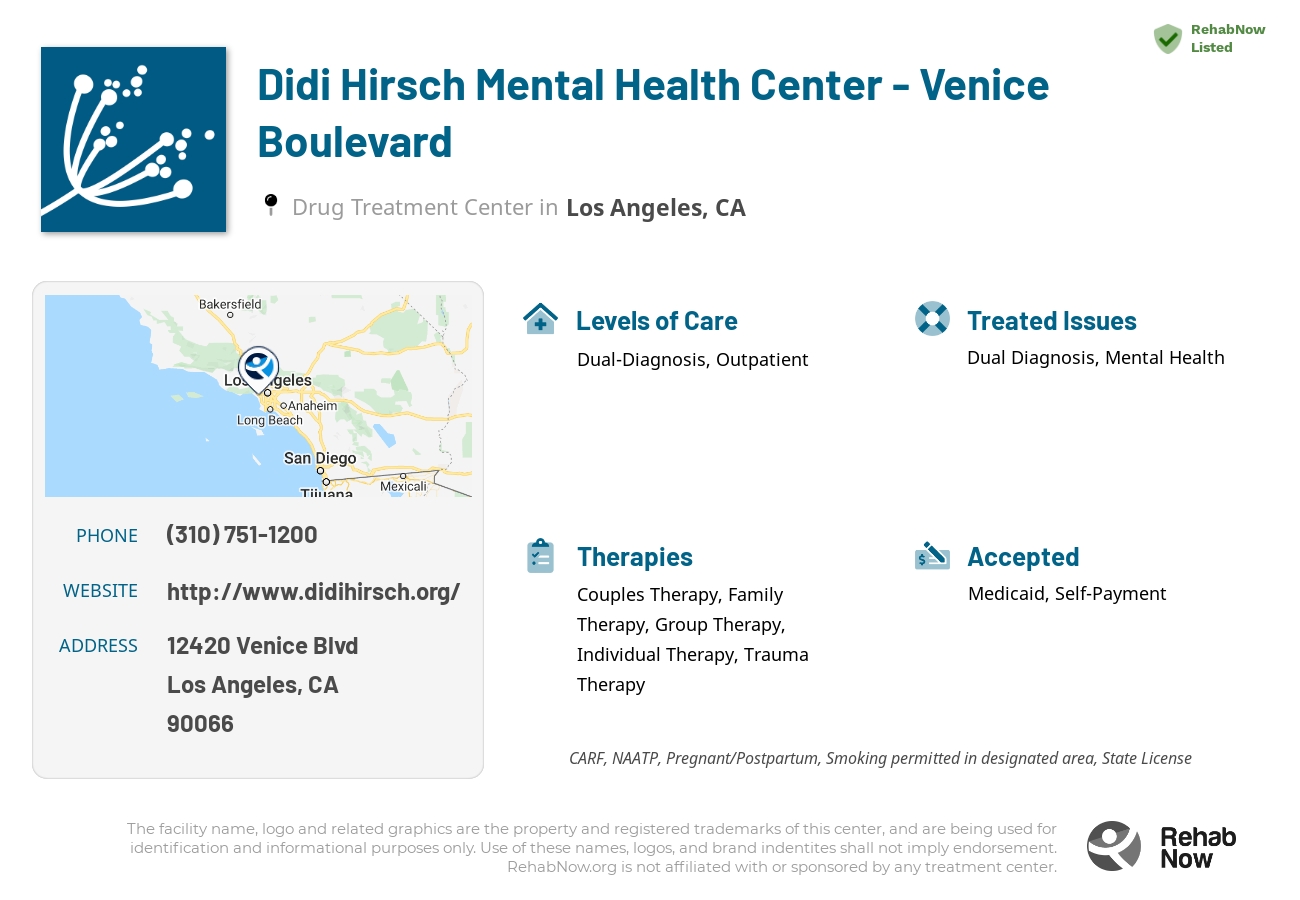 Helpful reference information for Didi Hirsch Mental Health Center - Venice Boulevard, a drug treatment center in California located at: 12420 Venice Blvd, Los Angeles, CA 90066, including phone numbers, official website, and more. Listed briefly is an overview of Levels of Care, Therapies Offered, Issues Treated, and accepted forms of Payment Methods.