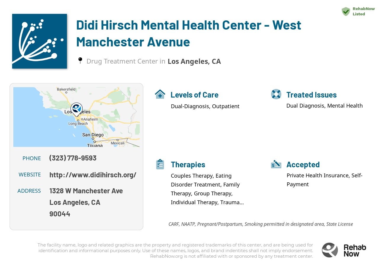 Helpful reference information for Didi Hirsch Mental Health Center - West Manchester Avenue, a drug treatment center in California located at: 1328 W Manchester Ave, Los Angeles, CA 90044, including phone numbers, official website, and more. Listed briefly is an overview of Levels of Care, Therapies Offered, Issues Treated, and accepted forms of Payment Methods.