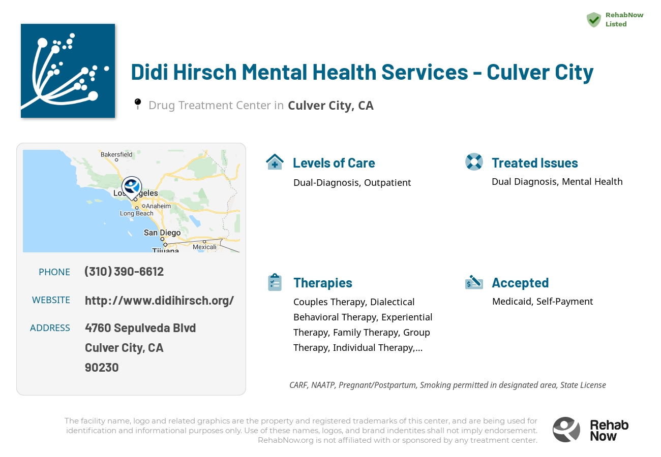 Helpful reference information for Didi Hirsch Mental Health Services - Culver City, a drug treatment center in California located at: 4760 Sepulveda Blvd, Culver City, CA 90230, including phone numbers, official website, and more. Listed briefly is an overview of Levels of Care, Therapies Offered, Issues Treated, and accepted forms of Payment Methods.