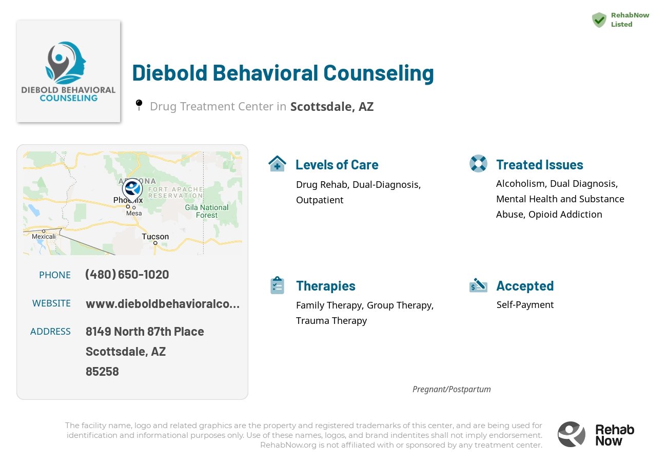Helpful reference information for Diebold Behavioral Counseling, a drug treatment center in Arizona located at: 8149 North 87th Place, Scottsdale, AZ, 85258, including phone numbers, official website, and more. Listed briefly is an overview of Levels of Care, Therapies Offered, Issues Treated, and accepted forms of Payment Methods.
