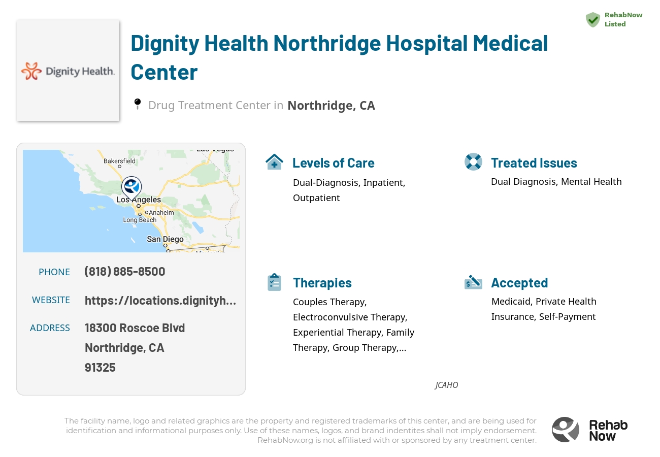 Helpful reference information for Dignity Health Northridge Hospital Medical Center, a drug treatment center in California located at: 18300 Roscoe Blvd, Northridge, CA 91325, including phone numbers, official website, and more. Listed briefly is an overview of Levels of Care, Therapies Offered, Issues Treated, and accepted forms of Payment Methods.