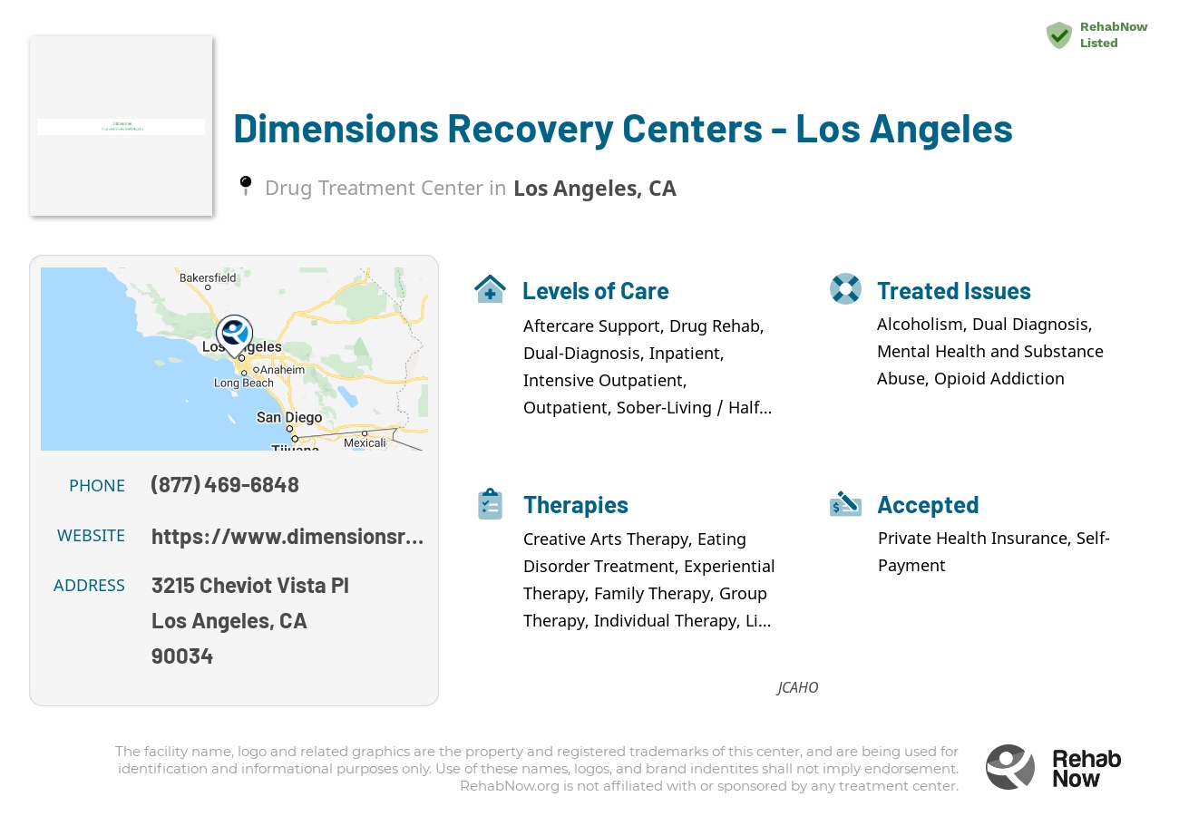 Helpful reference information for Dimensions Recovery Centers - Los Angeles, a drug treatment center in California located at: 3215 Cheviot Vista Pl, Los Angeles, CA 90034, including phone numbers, official website, and more. Listed briefly is an overview of Levels of Care, Therapies Offered, Issues Treated, and accepted forms of Payment Methods.