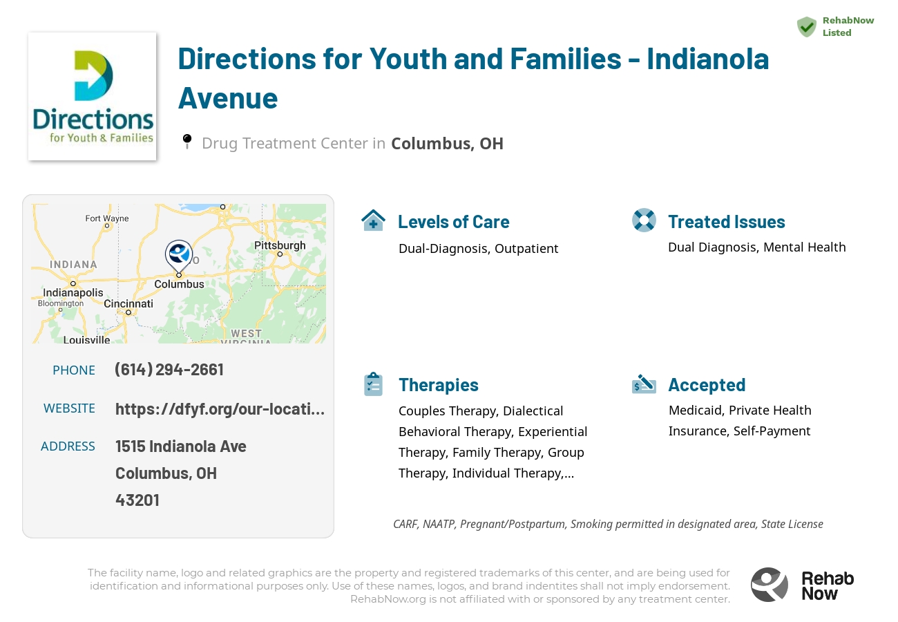 Helpful reference information for Directions for Youth and Families - Indianola Avenue, a drug treatment center in Ohio located at: 1515 Indianola Ave, Columbus, OH 43201, including phone numbers, official website, and more. Listed briefly is an overview of Levels of Care, Therapies Offered, Issues Treated, and accepted forms of Payment Methods.