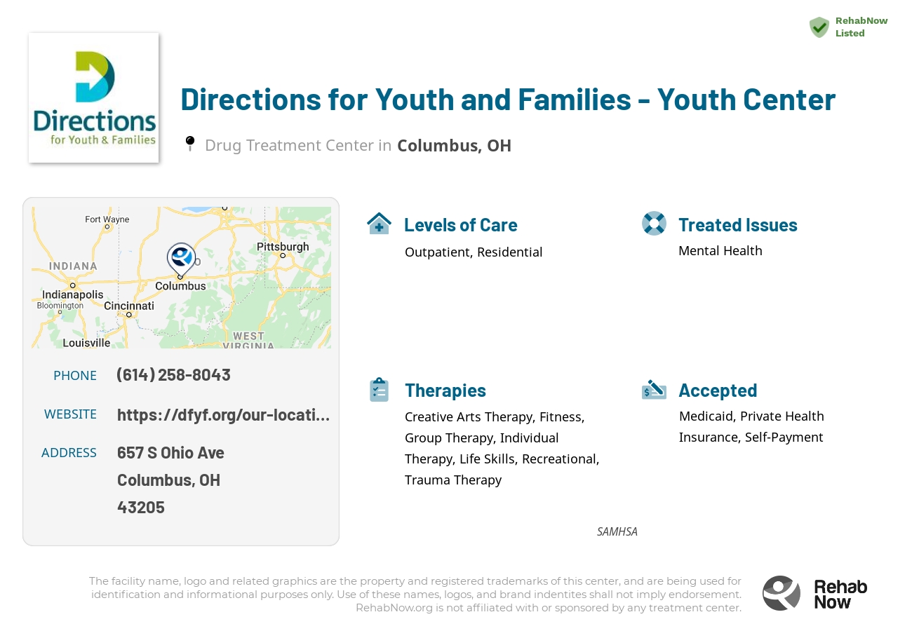 Helpful reference information for Directions for Youth and Families - Youth Center, a drug treatment center in Ohio located at: 657 S Ohio Ave, Columbus, OH 43205, including phone numbers, official website, and more. Listed briefly is an overview of Levels of Care, Therapies Offered, Issues Treated, and accepted forms of Payment Methods.