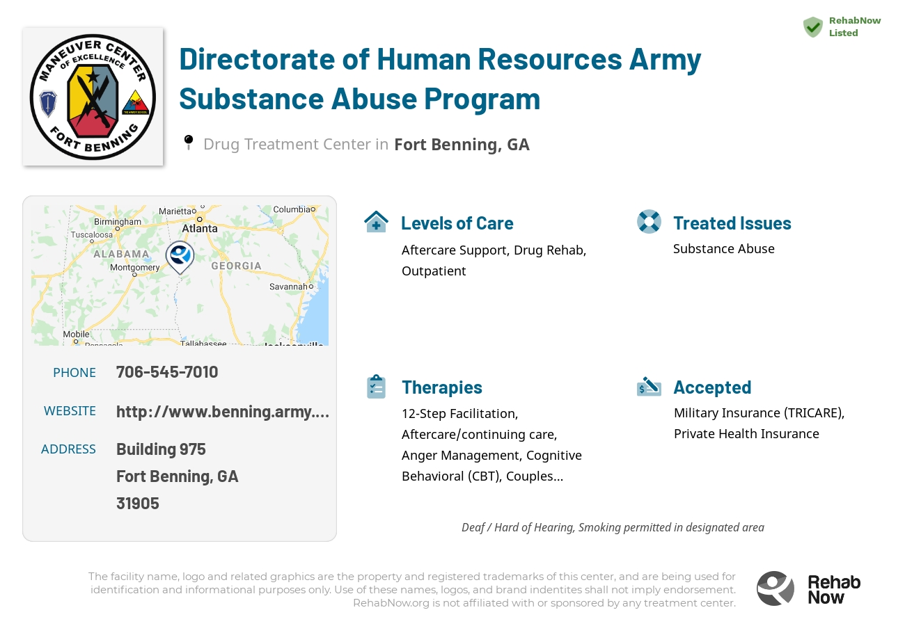 Helpful reference information for Directorate of Human Resources Army Substance Abuse Program, a drug treatment center in Georgia located at: Building 975, Fort Benning, GA 31905, including phone numbers, official website, and more. Listed briefly is an overview of Levels of Care, Therapies Offered, Issues Treated, and accepted forms of Payment Methods.