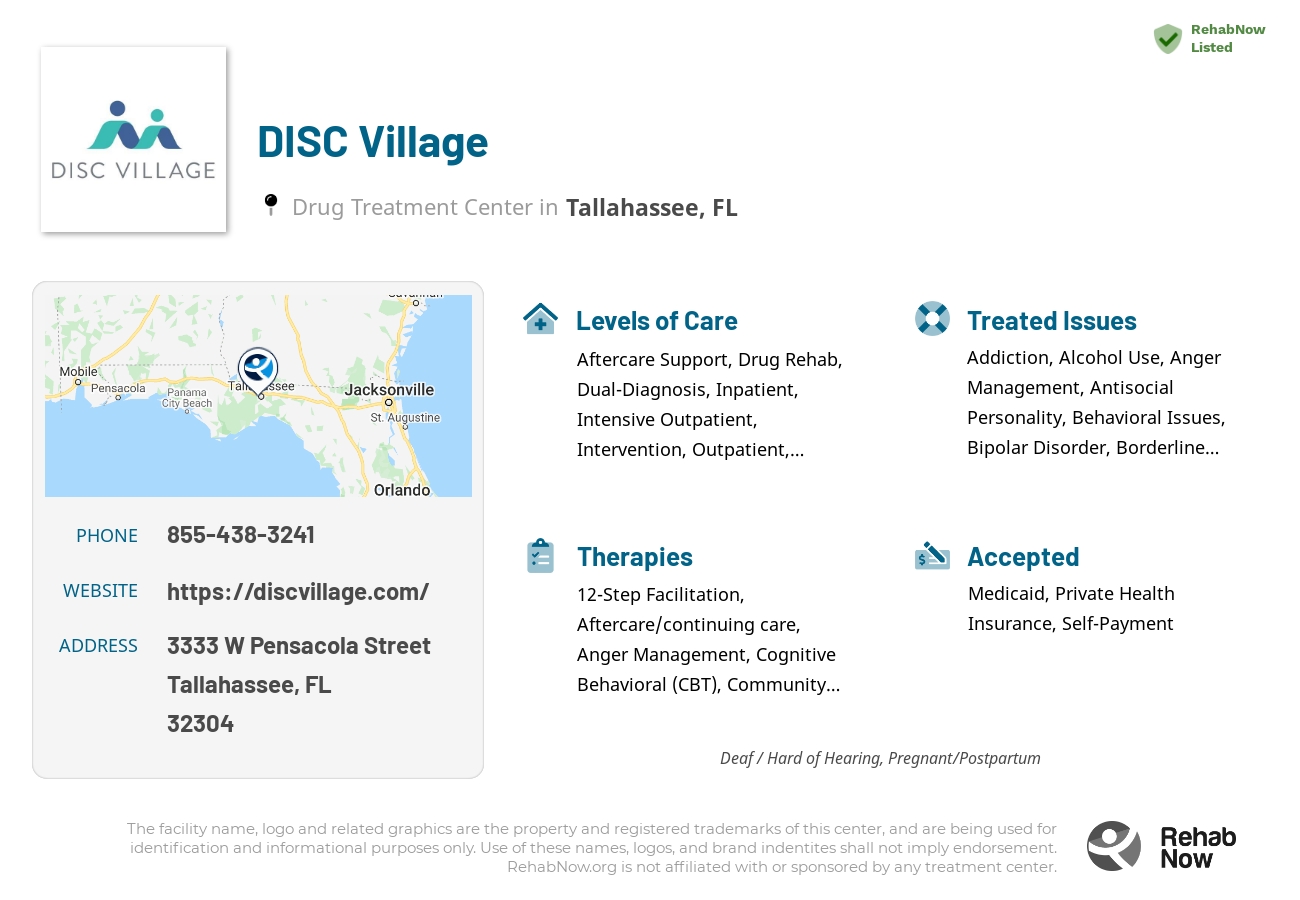 Helpful reference information for DISC Village, a drug treatment center in Florida located at: 3333 W Pensacola Street, Tallahassee, FL 32304, including phone numbers, official website, and more. Listed briefly is an overview of Levels of Care, Therapies Offered, Issues Treated, and accepted forms of Payment Methods.