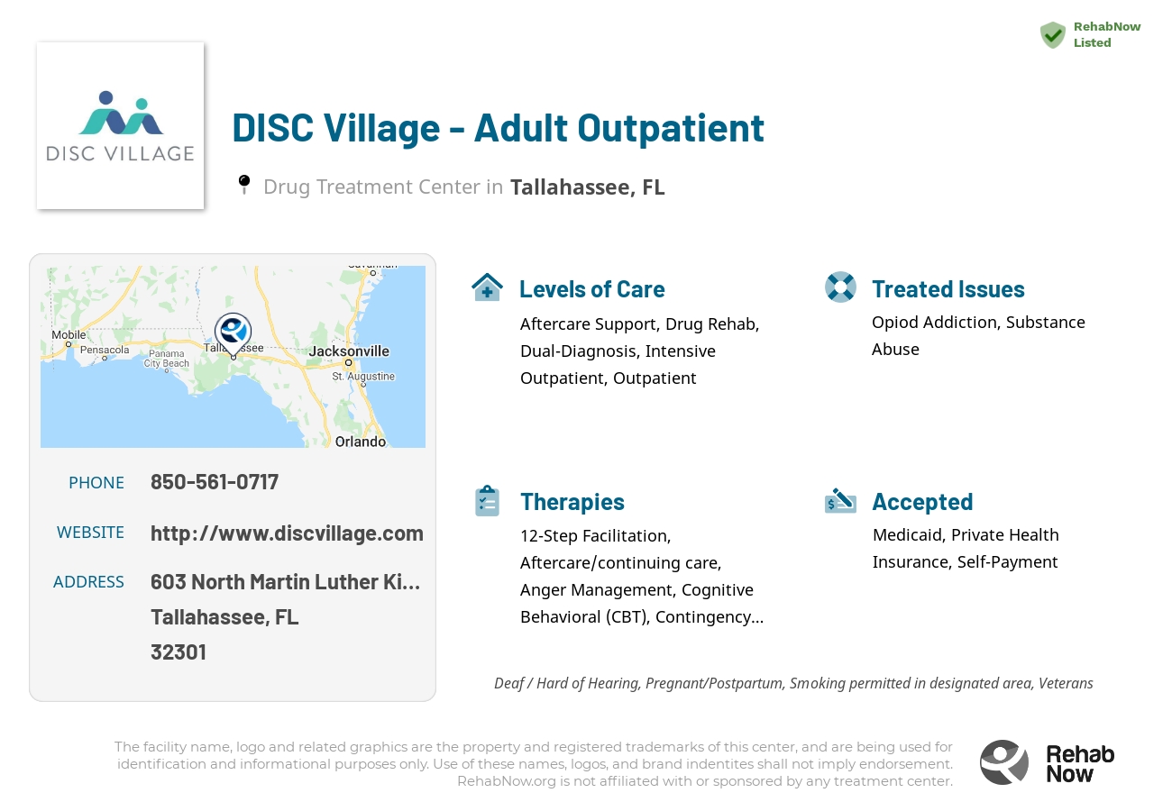 Helpful reference information for DISC Village - Adult Outpatient, a drug treatment center in Florida located at: 603 North Martin Luther King Boulevard, Tallahassee, FL 32301, including phone numbers, official website, and more. Listed briefly is an overview of Levels of Care, Therapies Offered, Issues Treated, and accepted forms of Payment Methods.