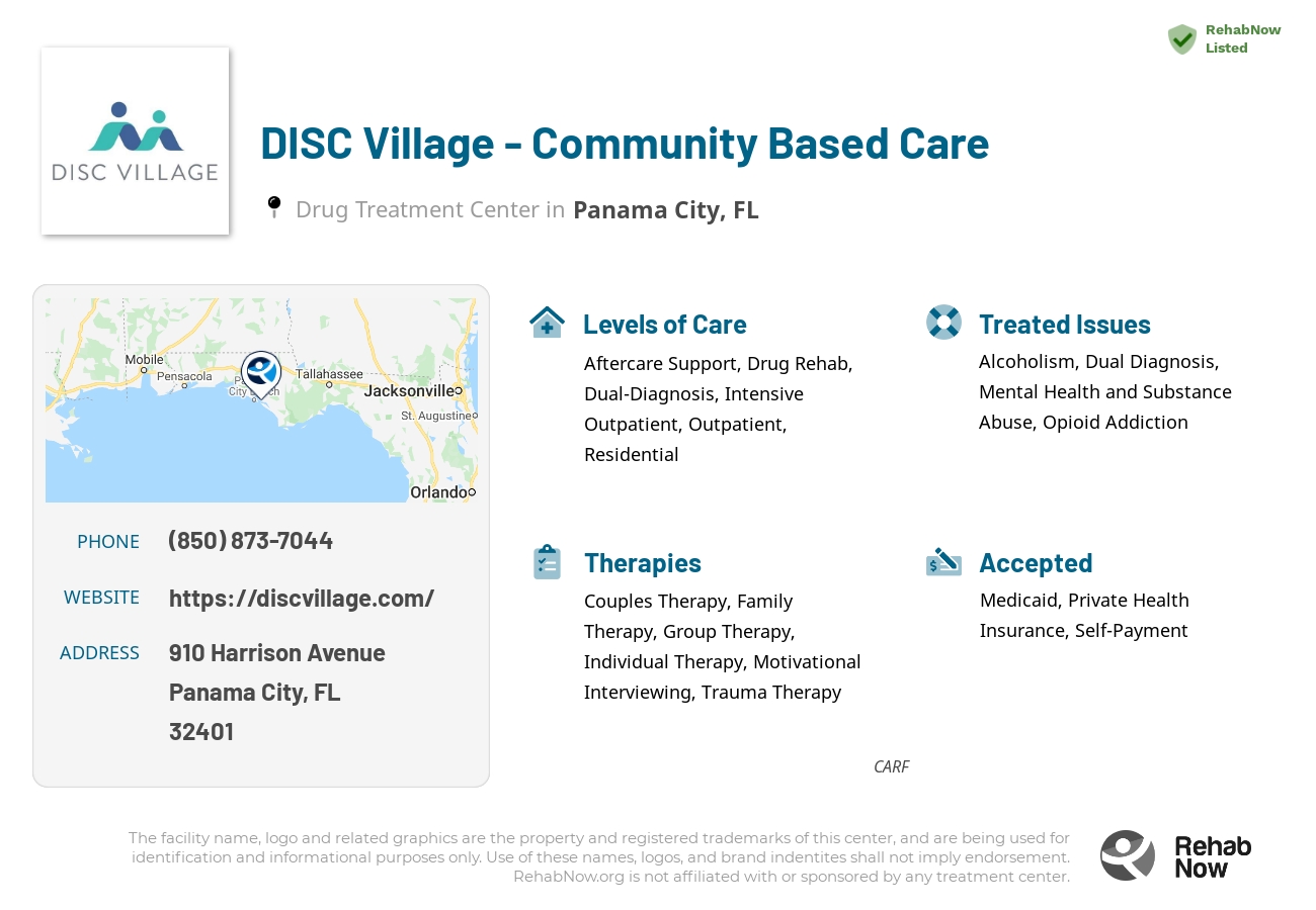 Helpful reference information for DISC Village - Community Based Care, a drug treatment center in Florida located at: 910 Harrison Avenue, Panama City, FL, 32401, including phone numbers, official website, and more. Listed briefly is an overview of Levels of Care, Therapies Offered, Issues Treated, and accepted forms of Payment Methods.