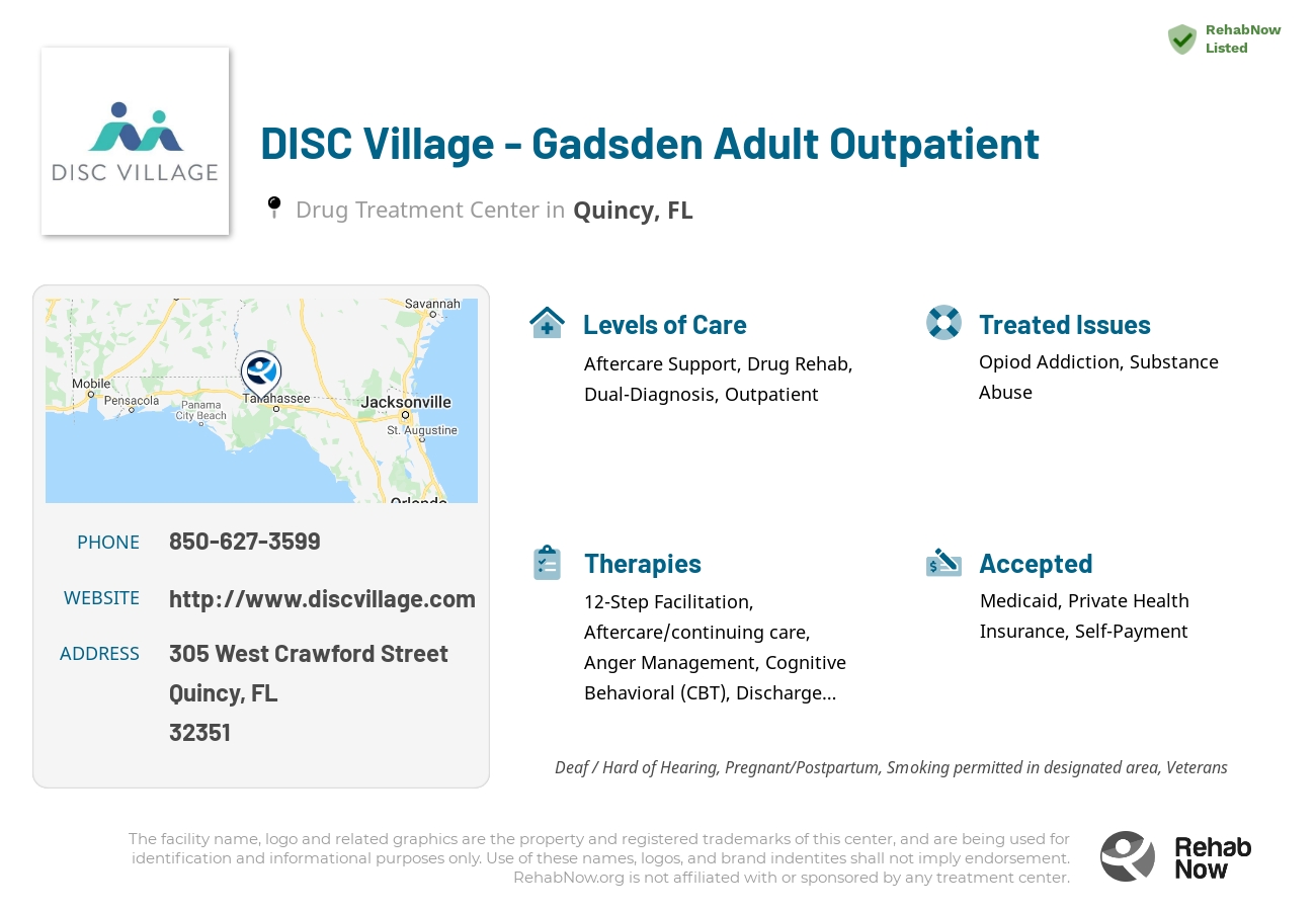 Helpful reference information for DISC Village - Gadsden Adult Outpatient, a drug treatment center in Florida located at: 305 West Crawford Street, Quincy, FL 32351, including phone numbers, official website, and more. Listed briefly is an overview of Levels of Care, Therapies Offered, Issues Treated, and accepted forms of Payment Methods.
