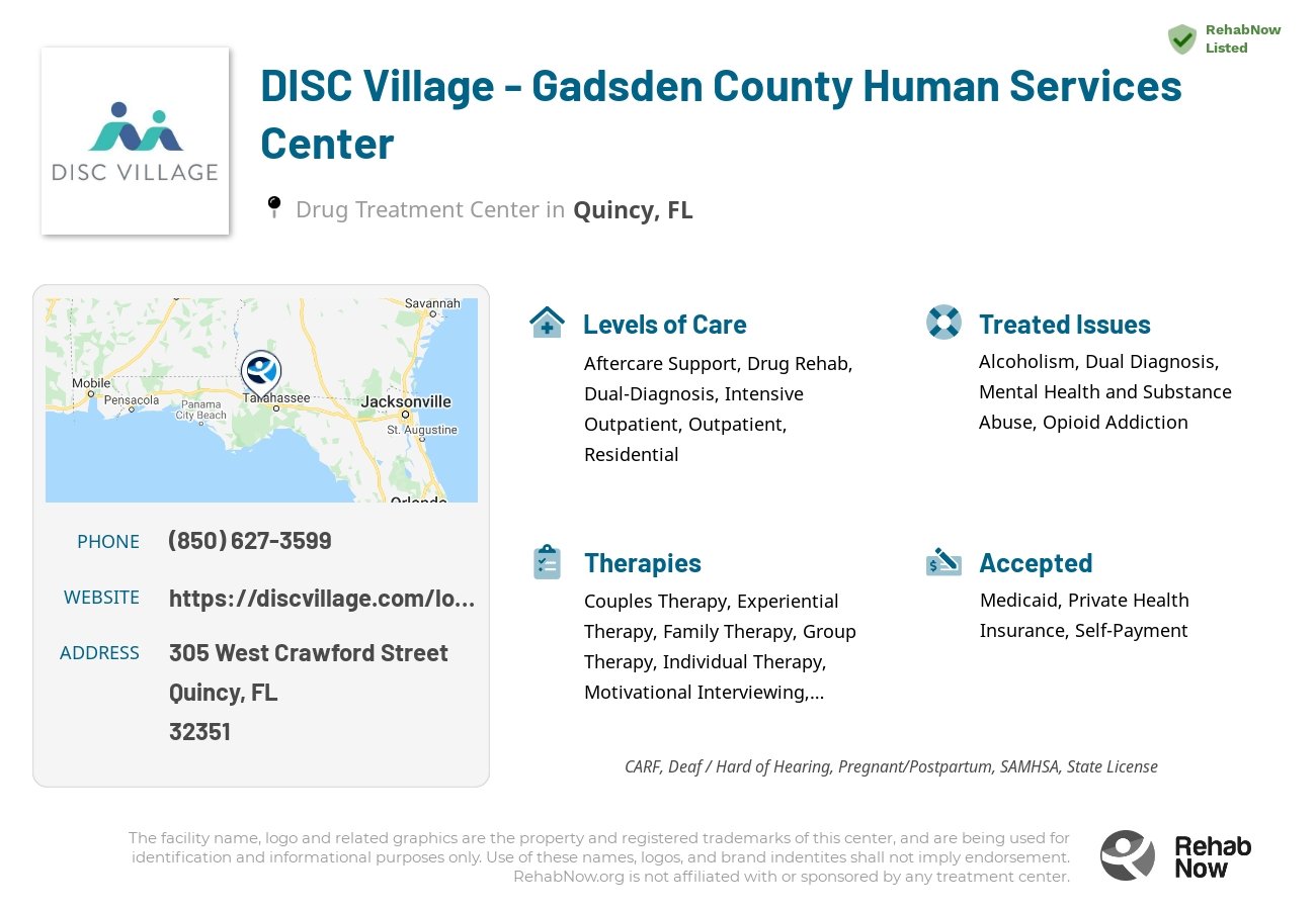 Helpful reference information for DISC Village - Gadsden County Human Services Center, a drug treatment center in Florida located at: 305 West Crawford Street, Quincy, FL, 32351, including phone numbers, official website, and more. Listed briefly is an overview of Levels of Care, Therapies Offered, Issues Treated, and accepted forms of Payment Methods.