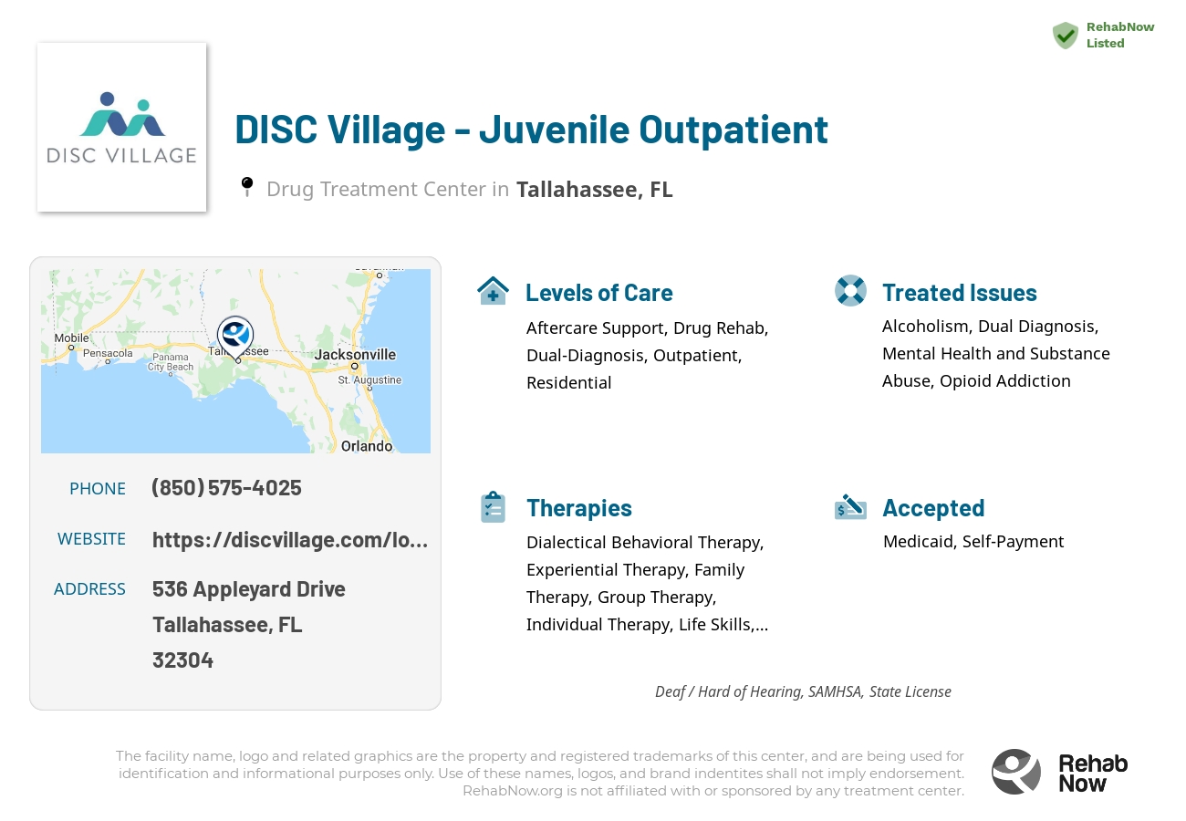 Helpful reference information for DISC Village - Juvenile Outpatient, a drug treatment center in Florida located at: 536 Appleyard Drive, Tallahassee, FL, 32304, including phone numbers, official website, and more. Listed briefly is an overview of Levels of Care, Therapies Offered, Issues Treated, and accepted forms of Payment Methods.