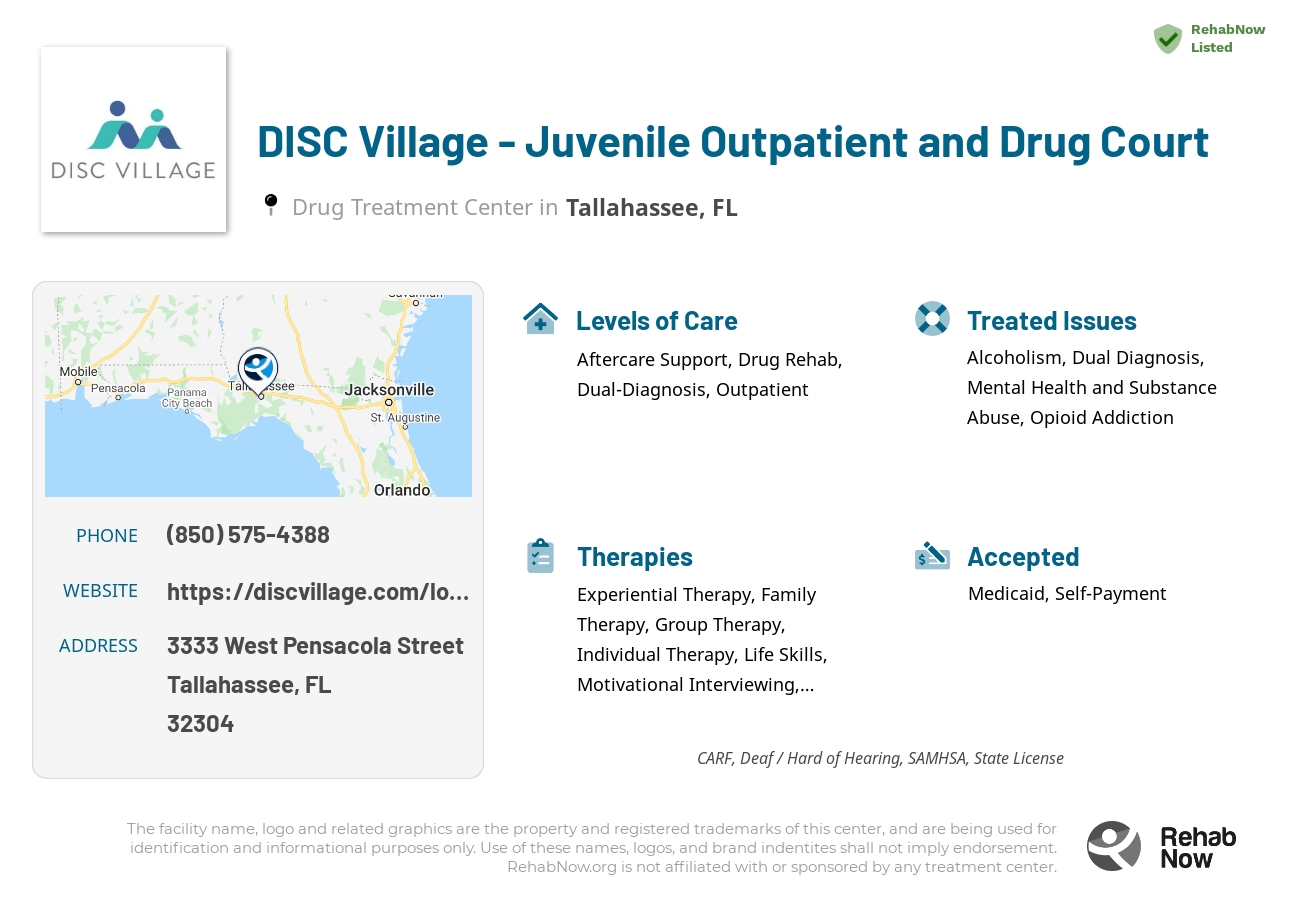 Helpful reference information for DISC Village - Juvenile Outpatient and Drug Court, a drug treatment center in Florida located at: 3333 West Pensacola Street, Tallahassee, FL, 32304, including phone numbers, official website, and more. Listed briefly is an overview of Levels of Care, Therapies Offered, Issues Treated, and accepted forms of Payment Methods.