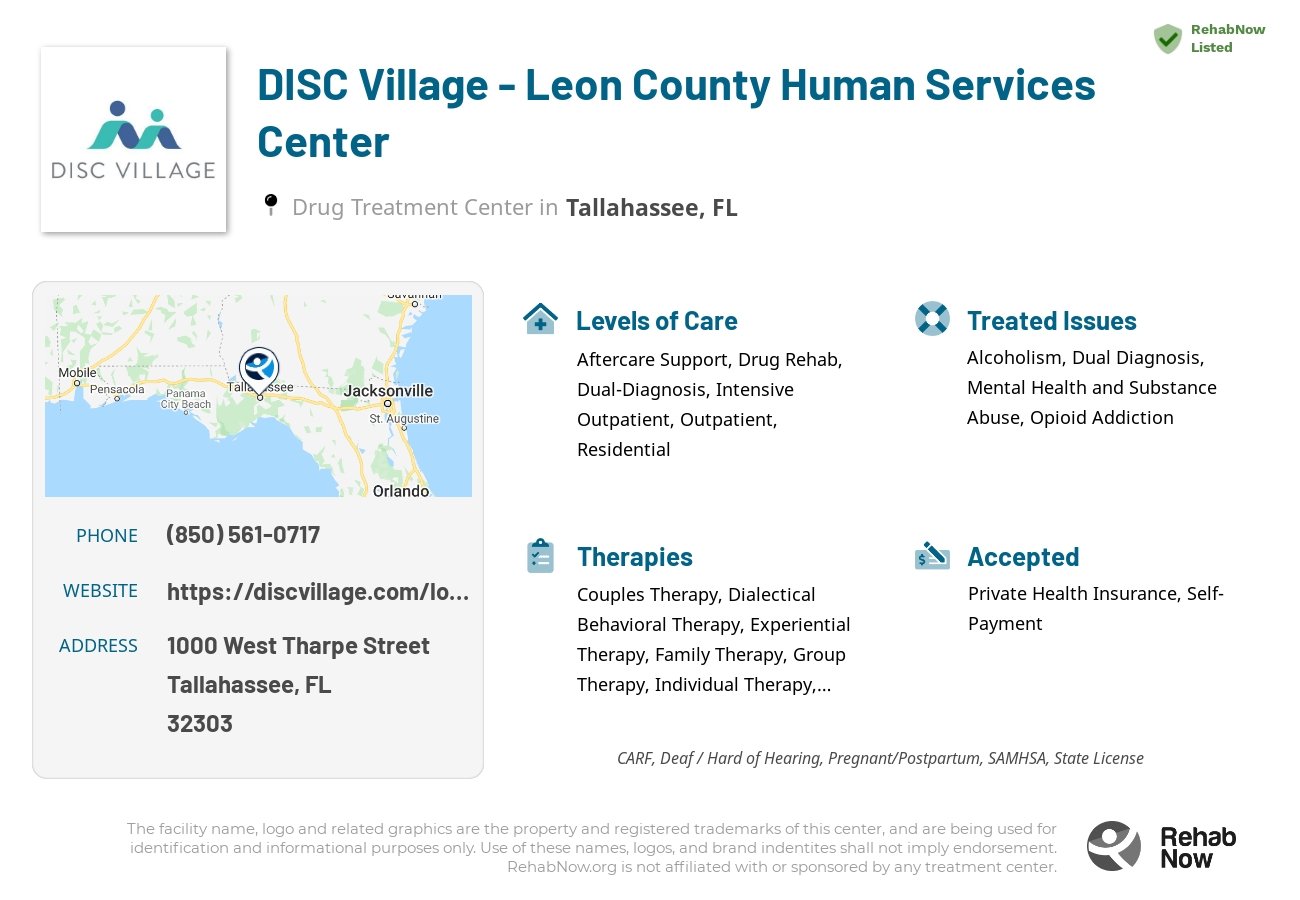 Helpful reference information for DISC Village - Leon County Human Services Center, a drug treatment center in Florida located at: 1000 West Tharpe Street, Tallahassee, FL, 32303, including phone numbers, official website, and more. Listed briefly is an overview of Levels of Care, Therapies Offered, Issues Treated, and accepted forms of Payment Methods.