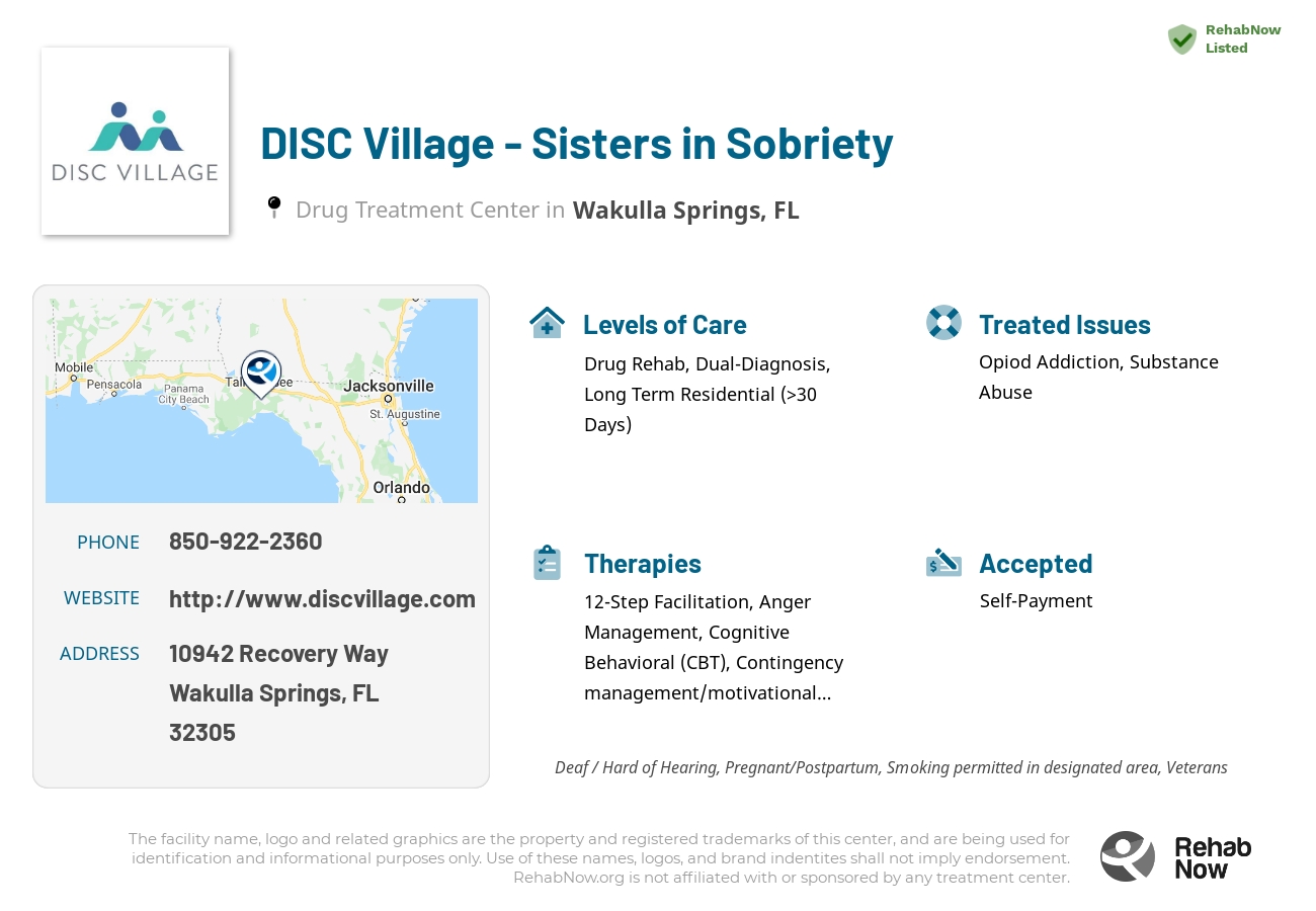 Helpful reference information for DISC Village - Sisters in Sobriety, a drug treatment center in Florida located at: 10942 Recovery Way, Wakulla Springs, FL 32305, including phone numbers, official website, and more. Listed briefly is an overview of Levels of Care, Therapies Offered, Issues Treated, and accepted forms of Payment Methods.
