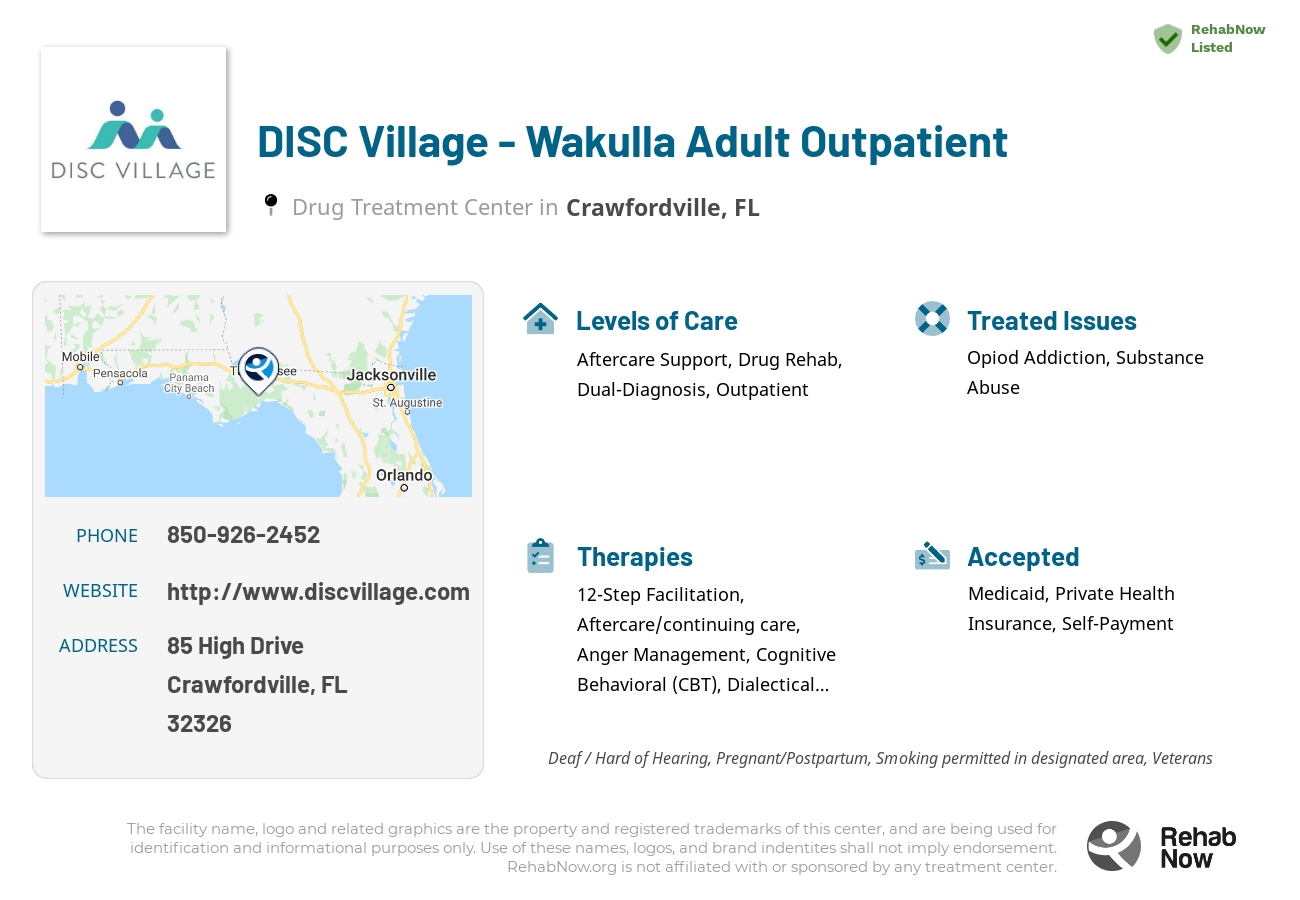 Helpful reference information for DISC Village - Wakulla Adult Outpatient, a drug treatment center in Florida located at: 85 High Drive, Crawfordville, FL 32326, including phone numbers, official website, and more. Listed briefly is an overview of Levels of Care, Therapies Offered, Issues Treated, and accepted forms of Payment Methods.