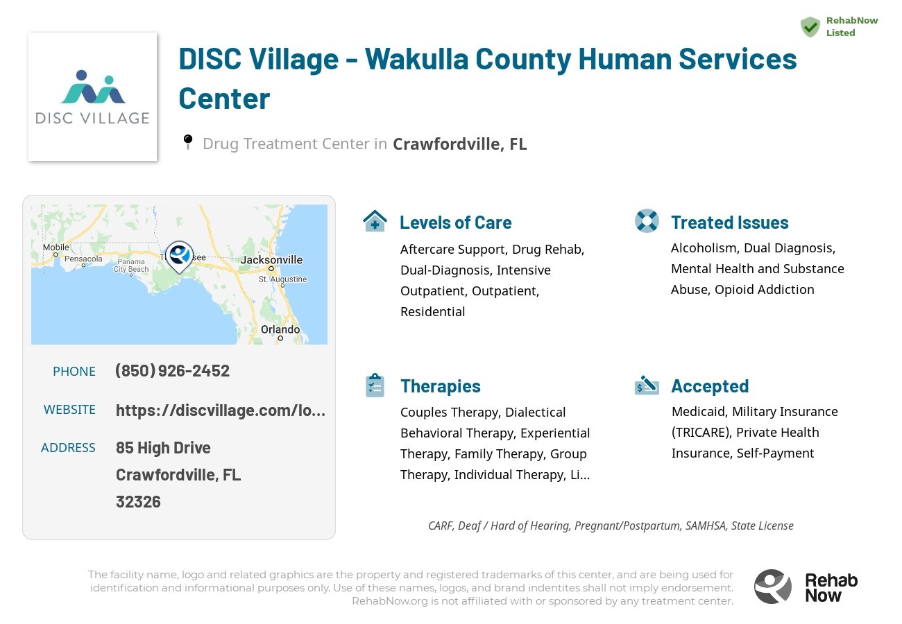 Helpful reference information for DISC Village - Wakulla County Human Services Center, a drug treatment center in Florida located at: 85 High Drive, Crawfordville, FL, 32326, including phone numbers, official website, and more. Listed briefly is an overview of Levels of Care, Therapies Offered, Issues Treated, and accepted forms of Payment Methods.