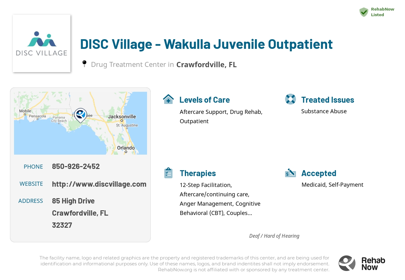 Helpful reference information for DISC Village - Wakulla Juvenile Outpatient, a drug treatment center in Florida located at: 85 High Drive, Crawfordville, FL 32327, including phone numbers, official website, and more. Listed briefly is an overview of Levels of Care, Therapies Offered, Issues Treated, and accepted forms of Payment Methods.