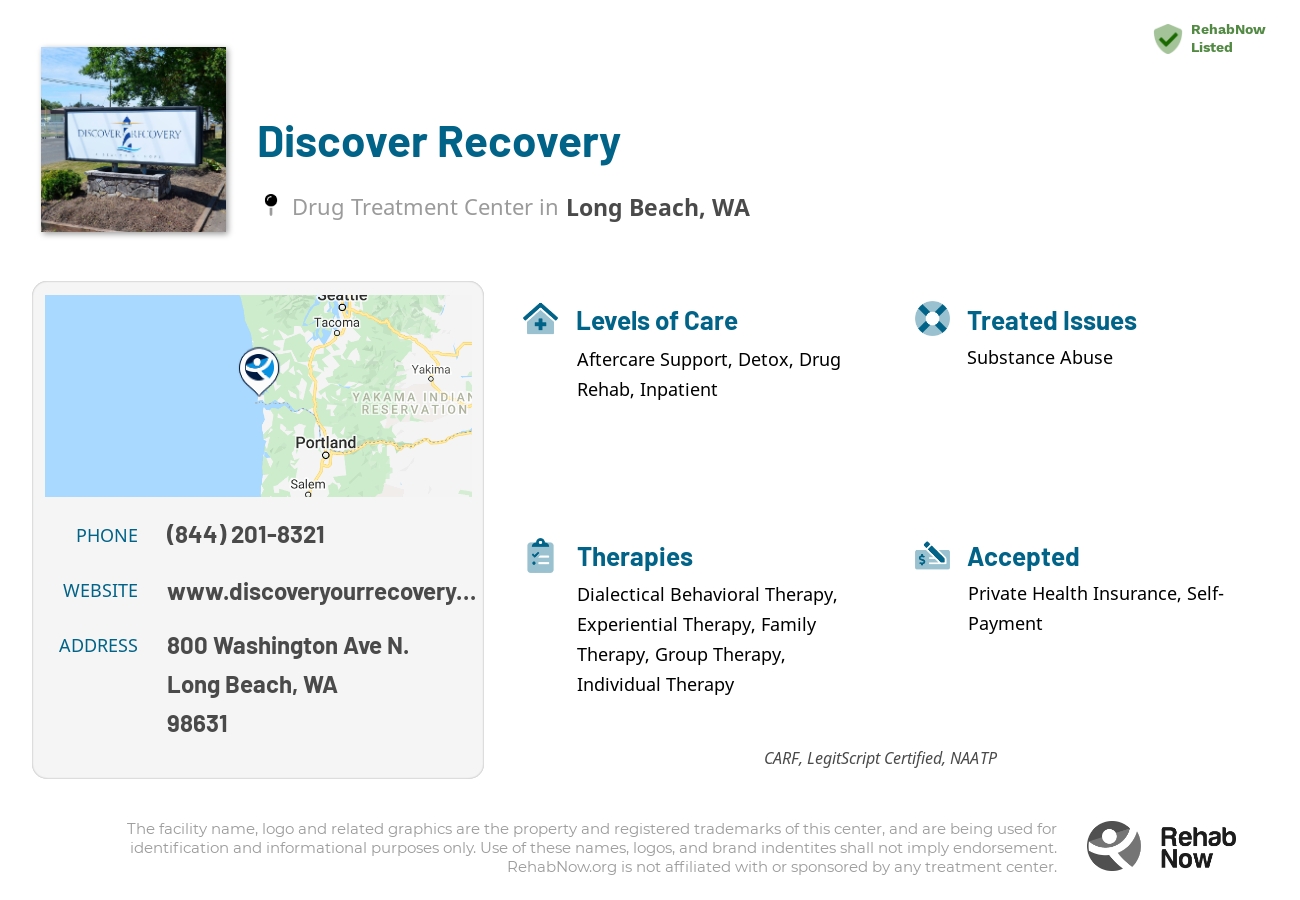 Helpful reference information for Discover Recovery, a drug treatment center in Washington located at: 800 Washington Ave N., Long Beach, WA, 98631, including phone numbers, official website, and more. Listed briefly is an overview of Levels of Care, Therapies Offered, Issues Treated, and accepted forms of Payment Methods.