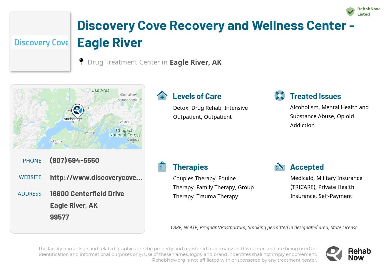 Helpful reference information for Discovery Cove Recovery and Wellness Center - Eagle River, a drug treatment center in Alaska located at: 16600 Centerfield Drive, Eagle River, AK, 99577, including phone numbers, official website, and more. Listed briefly is an overview of Levels of Care, Therapies Offered, Issues Treated, and accepted forms of Payment Methods.
