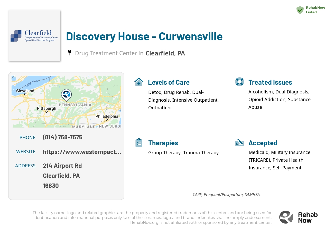 Helpful reference information for Discovery House - Curwensville, a drug treatment center in Pennsylvania located at: 214 Airport Rd, Clearfield, PA 16830, including phone numbers, official website, and more. Listed briefly is an overview of Levels of Care, Therapies Offered, Issues Treated, and accepted forms of Payment Methods.