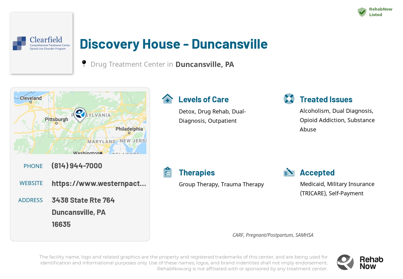 Helpful reference information for Discovery House - Duncansville, a drug treatment center in Pennsylvania located at: 3438 State Rte 764, Duncansville, PA 16635, including phone numbers, official website, and more. Listed briefly is an overview of Levels of Care, Therapies Offered, Issues Treated, and accepted forms of Payment Methods.