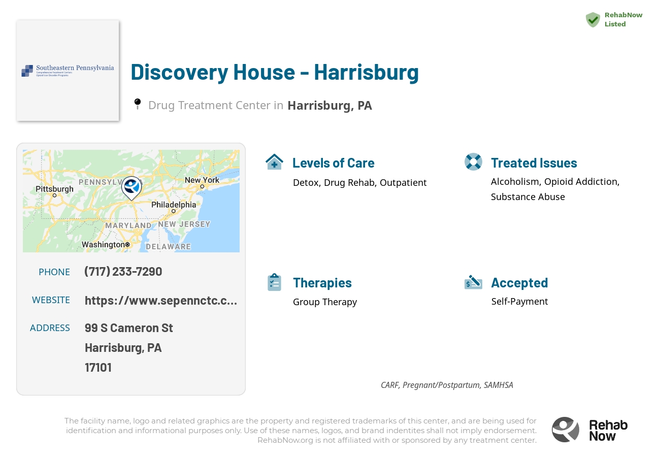 Helpful reference information for Discovery House - Harrisburg, a drug treatment center in Pennsylvania located at: 99 S Cameron St, Harrisburg, PA 17101, including phone numbers, official website, and more. Listed briefly is an overview of Levels of Care, Therapies Offered, Issues Treated, and accepted forms of Payment Methods.