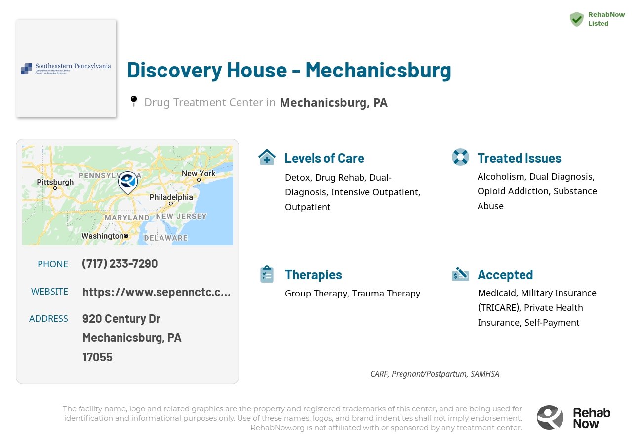 Helpful reference information for Discovery House - Mechanicsburg, a drug treatment center in Pennsylvania located at: 920 Century Dr, Mechanicsburg, PA 17055, including phone numbers, official website, and more. Listed briefly is an overview of Levels of Care, Therapies Offered, Issues Treated, and accepted forms of Payment Methods.